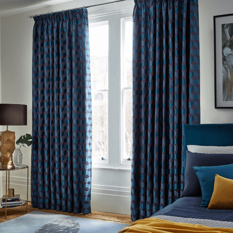 Navy patterned Pinch pleated curtains