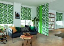 Palm leaf and carnival chive green panel blinds