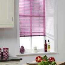 pink venetian blinds in kitchen