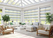 Yellow white and grey vision blinds in conservatory